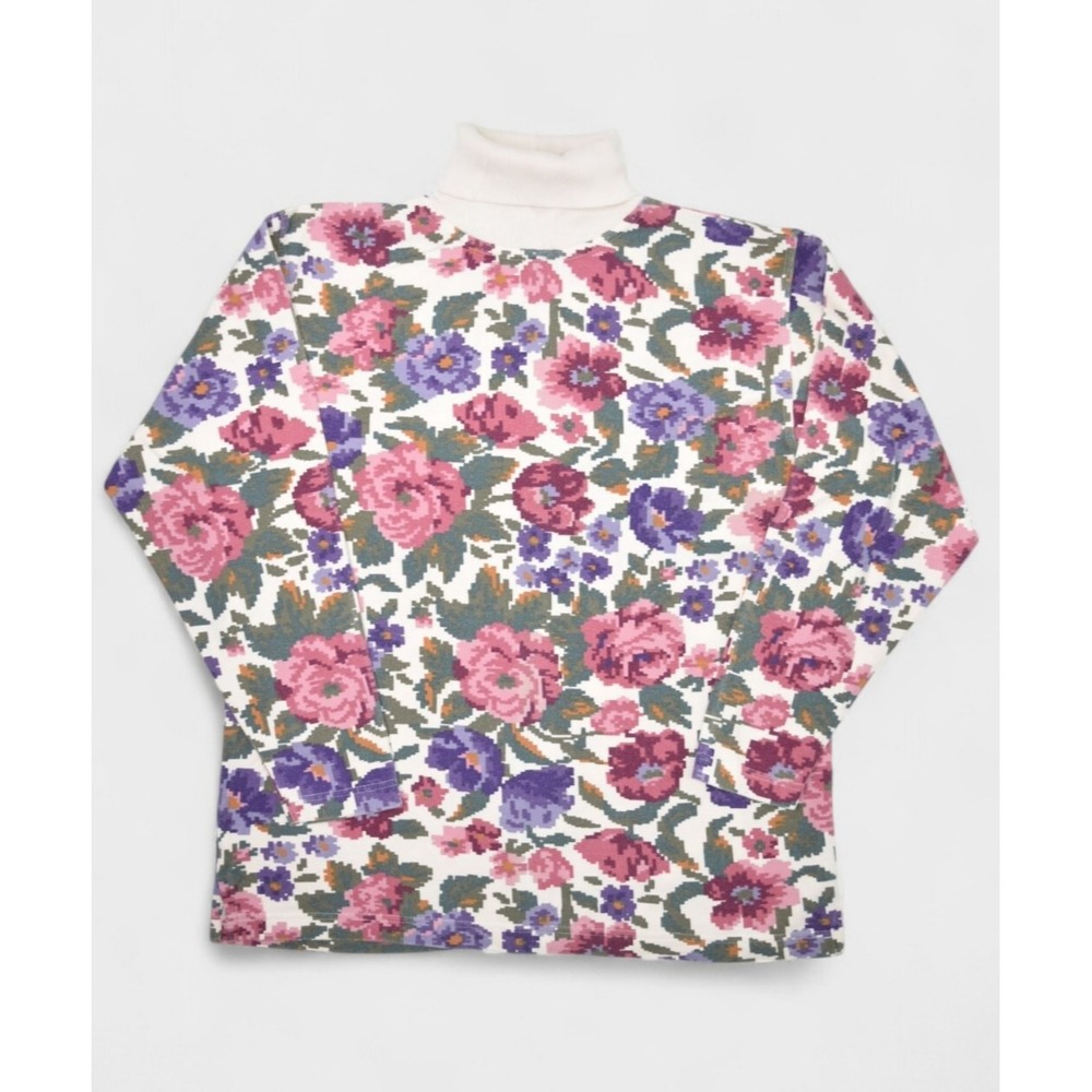 Vintage Eddie Bauer Sweater Womens M Turtleneck Floral Pixel Art Sweatshirt
